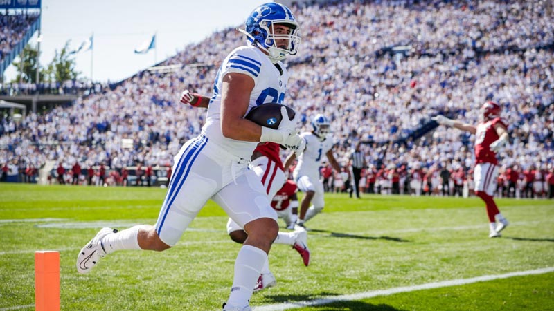 BYU tight end Isaac Rex crosses the goal line for a touchdown.