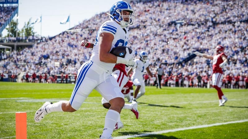 BYU tight end Isaac Rex crosses the goal line for a touchdown.